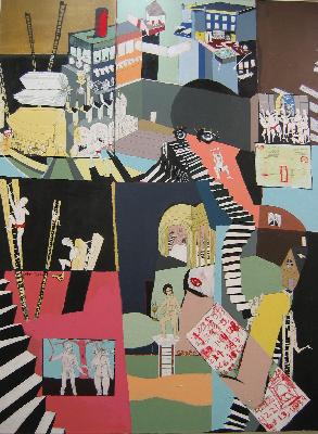 acrylic, latex, oil stick, marker and collage on canvas